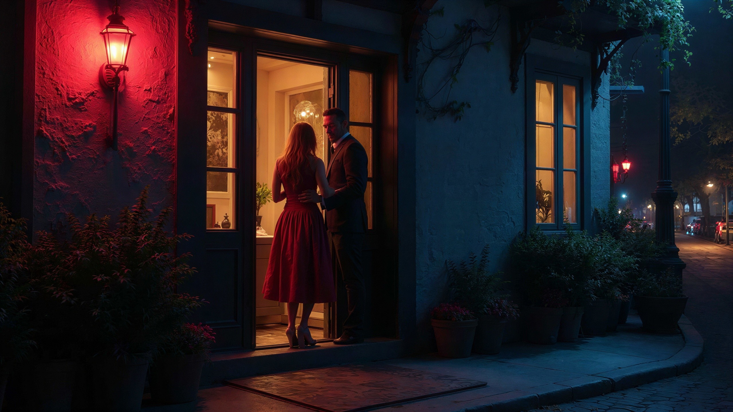 Couple in Brightly Lit Building Entryway at Night