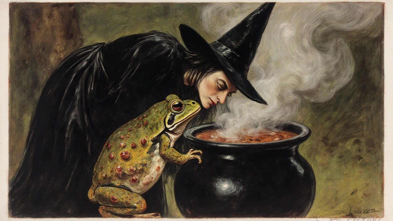 Witch with Cauldron and Colorful Frog in Dark Setting