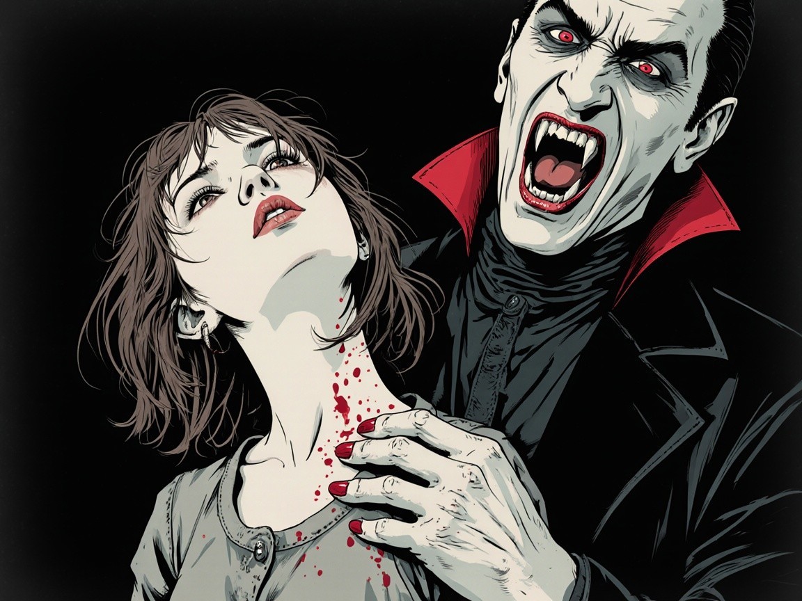 Dramatic portrayal of a vampire and victim scene