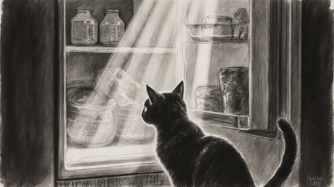 Black Cat Observing Open Refrigerator's Contents