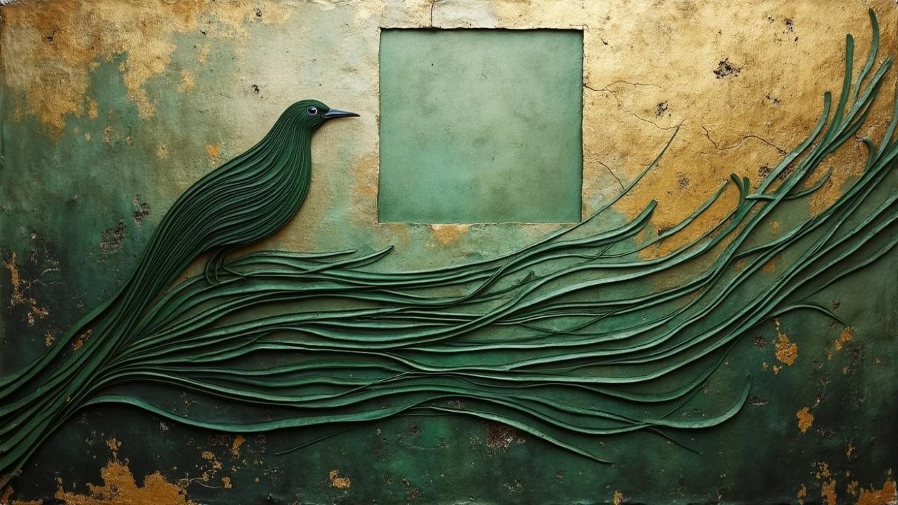 Stylized Green Bird on Abstract Vine with Gold Background