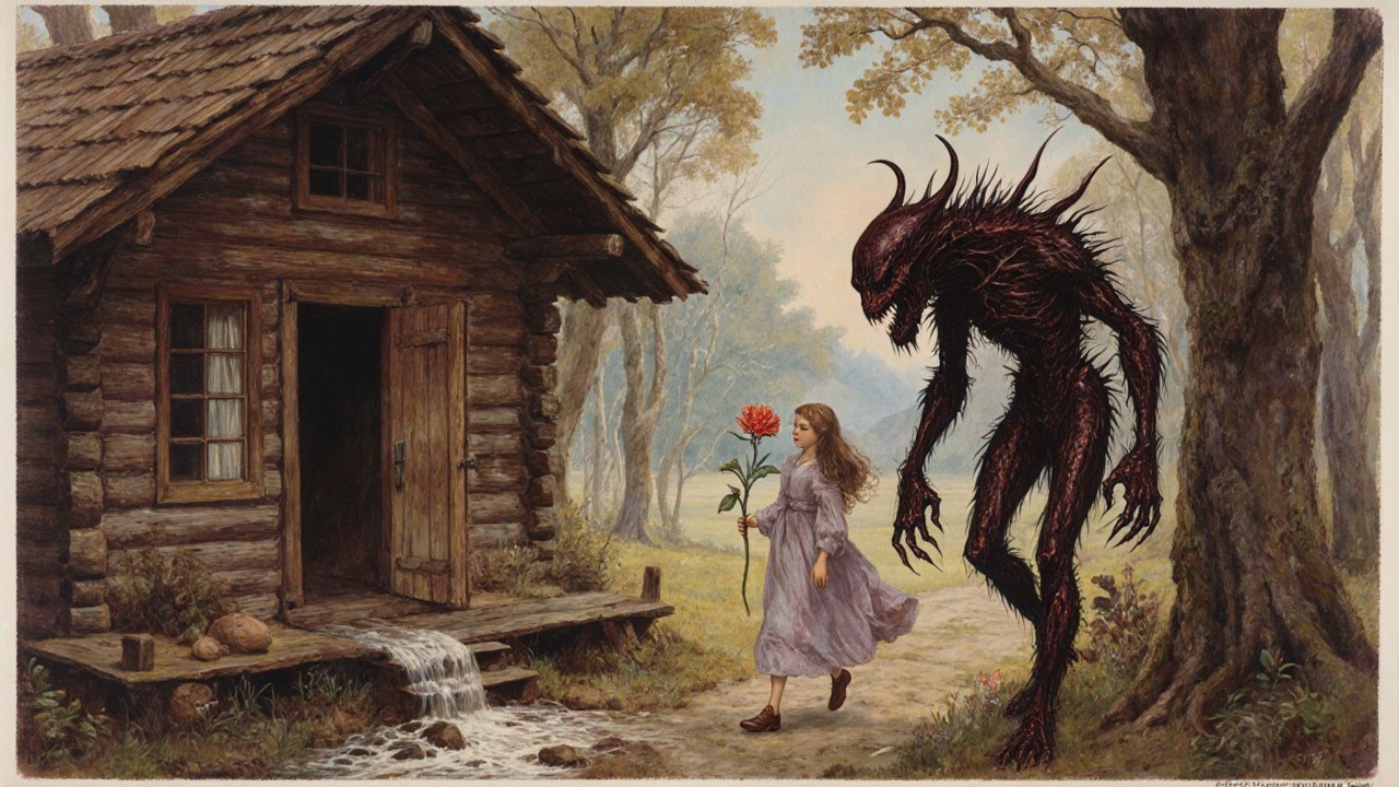 Young girl in lavender dress near rustic log cabin