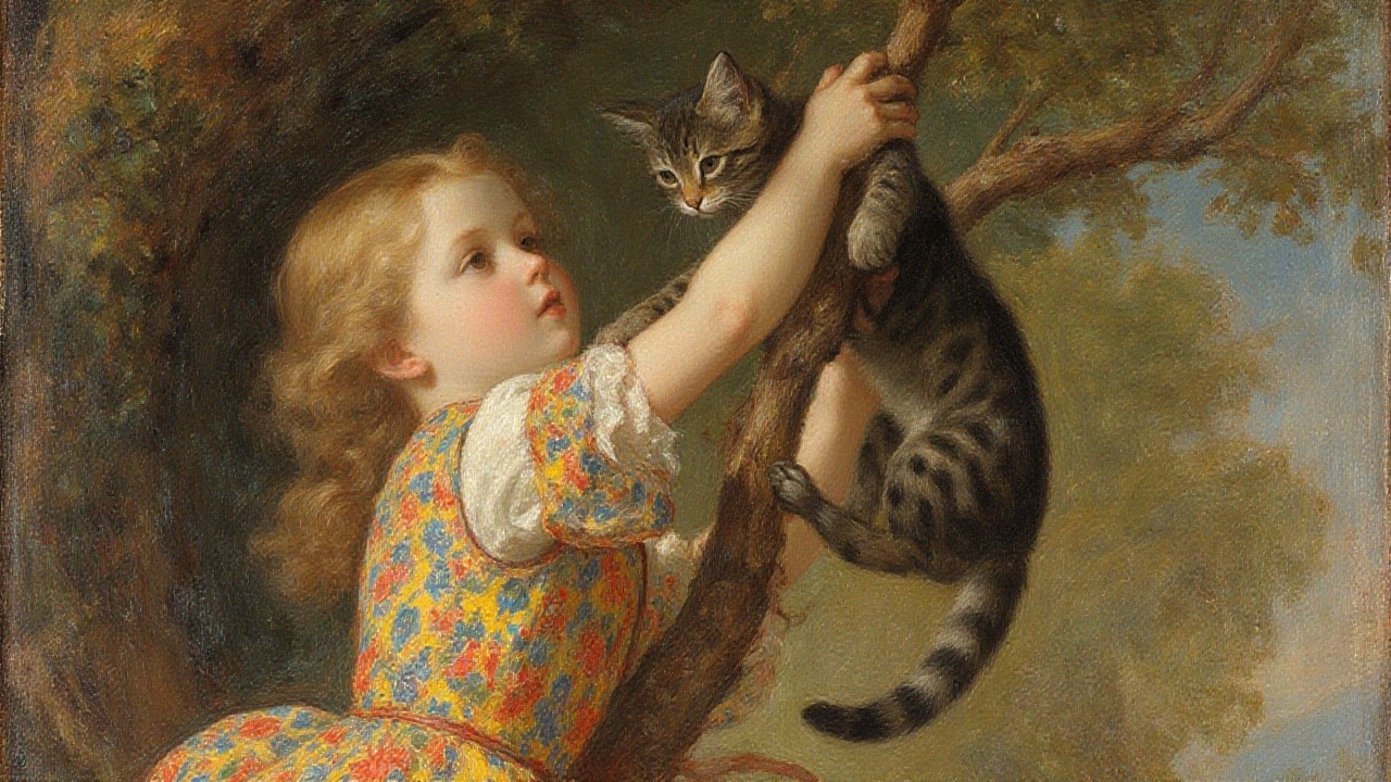 Young girl in floral dress interacts with tabby cat