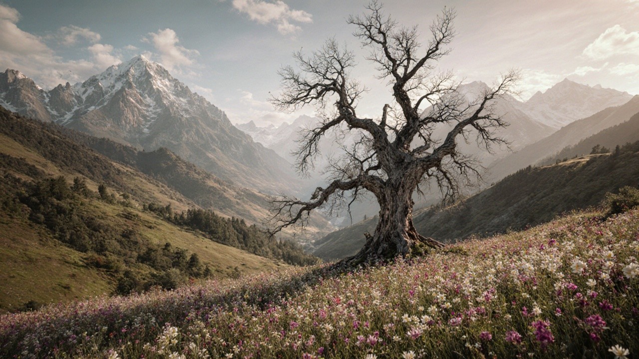 Gnarled Tree in Vibrant Meadow with Snow-Capped Mountains