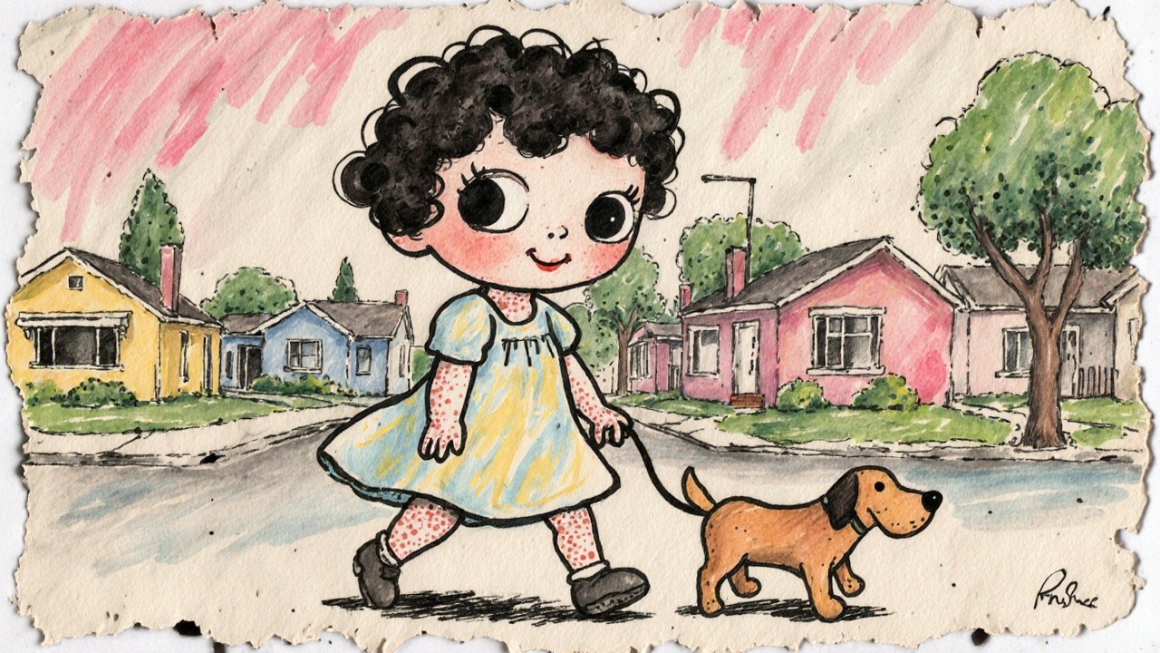 Cheerful girl in blue dress walks with brown dog