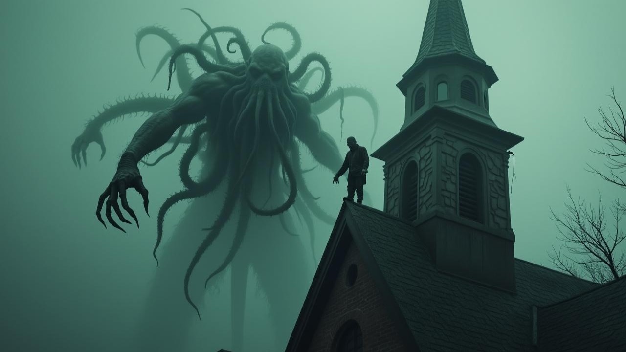 Mythological Sea Creature Overlooks Quaint Church Scene