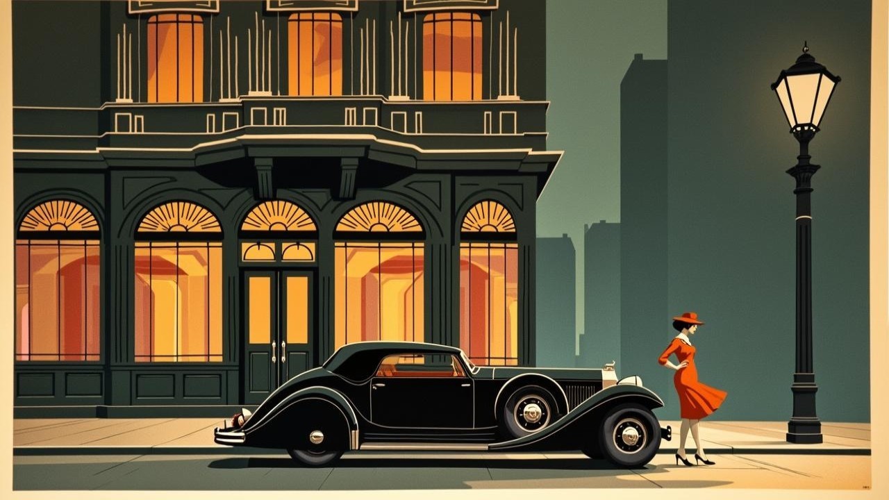 Vintage Black Car by Art Deco Building with Woman