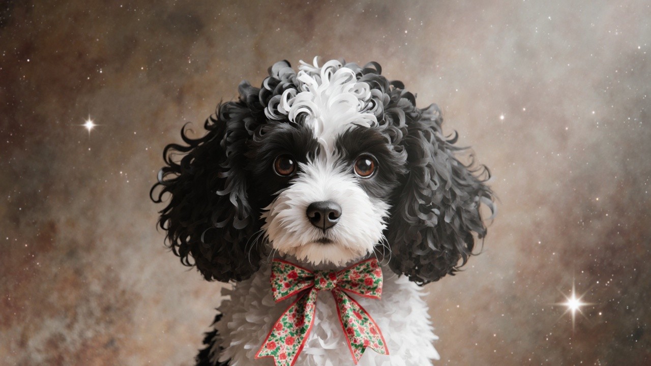 Fluffy Black and White Dog with Bow Tie in Dreamy Setting