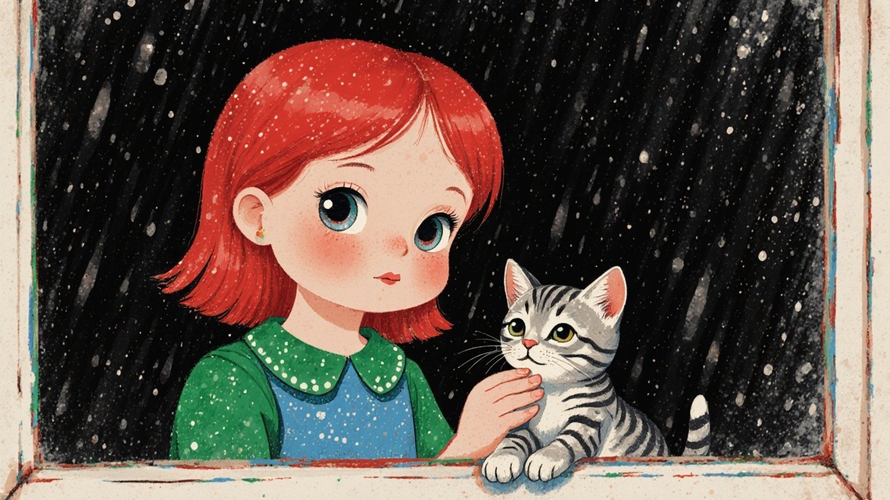Young girl with red hair and cat by window at night