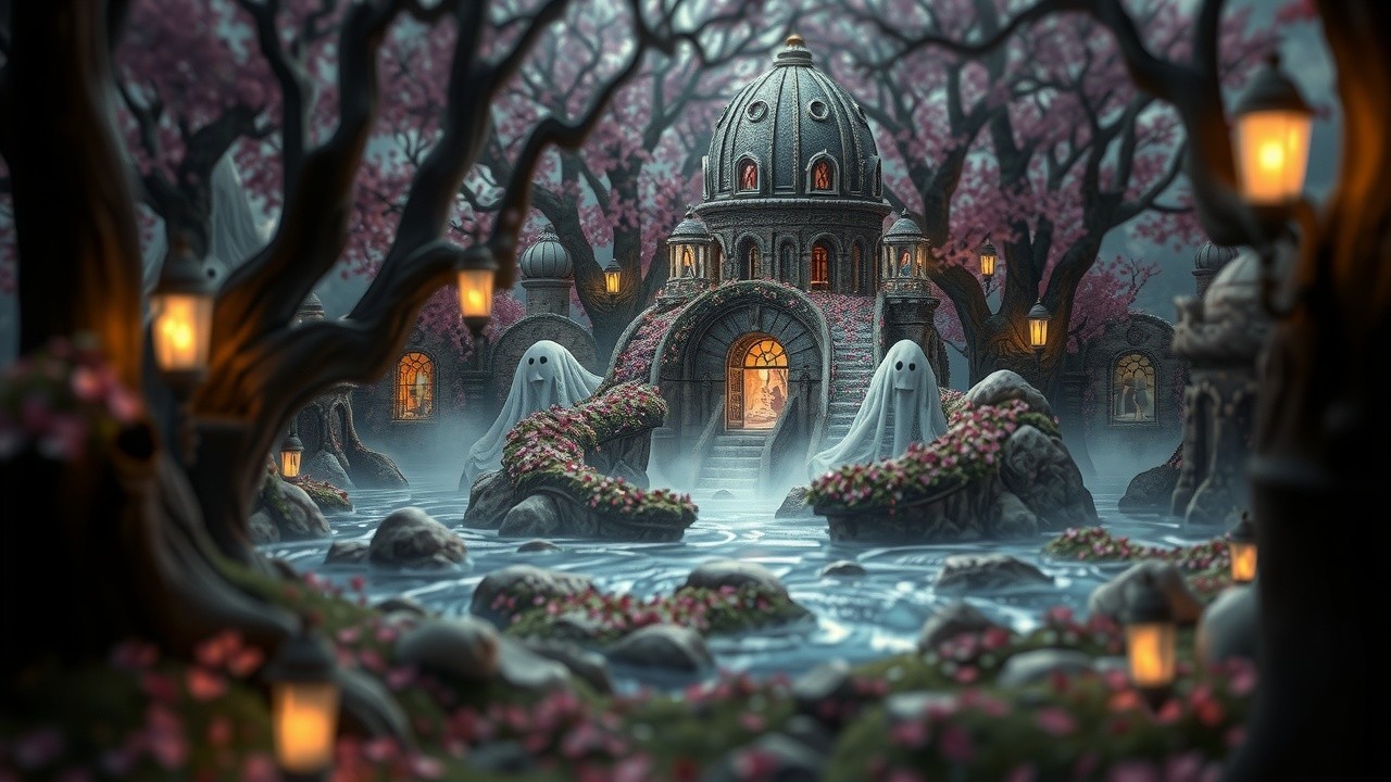 Twilight Scene with Ornate Building and Cherry Trees