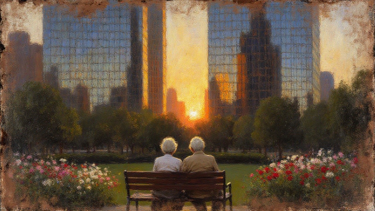 Elderly Couple Enjoys Sunset in Urban Park Setting