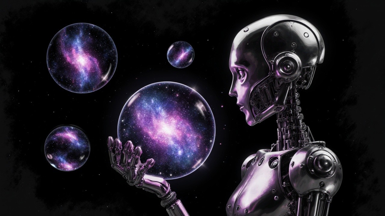 Humanoid Robot with Galaxy Bubbles on Black Background