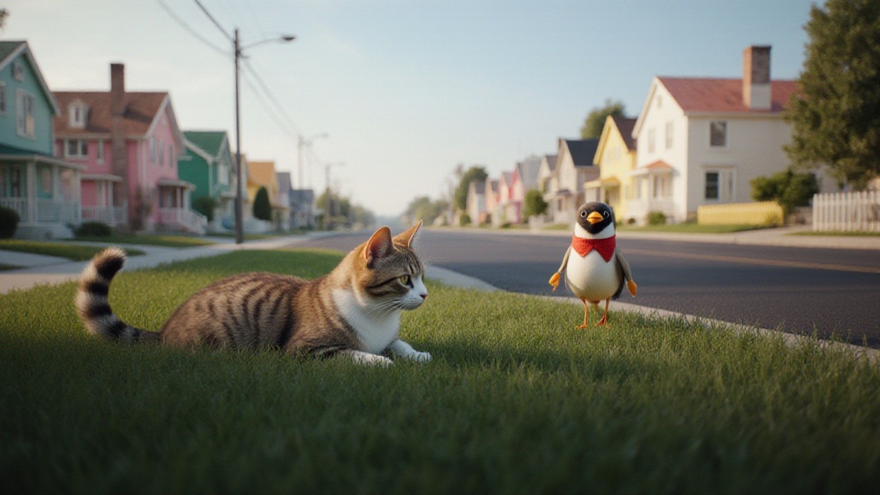 Striped Cat and Cartoon Bird in Vibrant Neighborhood