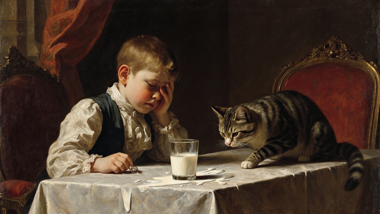 19th-Century Boy with Spilled Milk and Cat