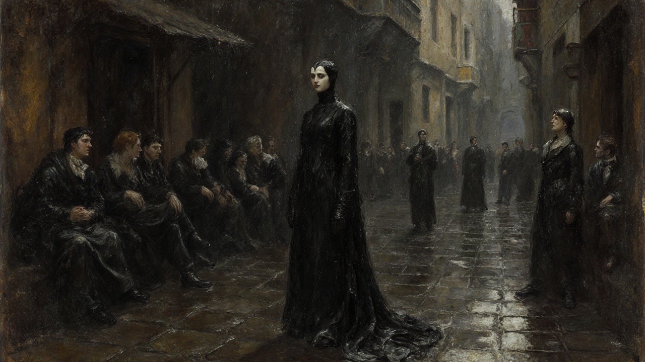 Mysterious Figure in Dark Alley Surrounded by Observers