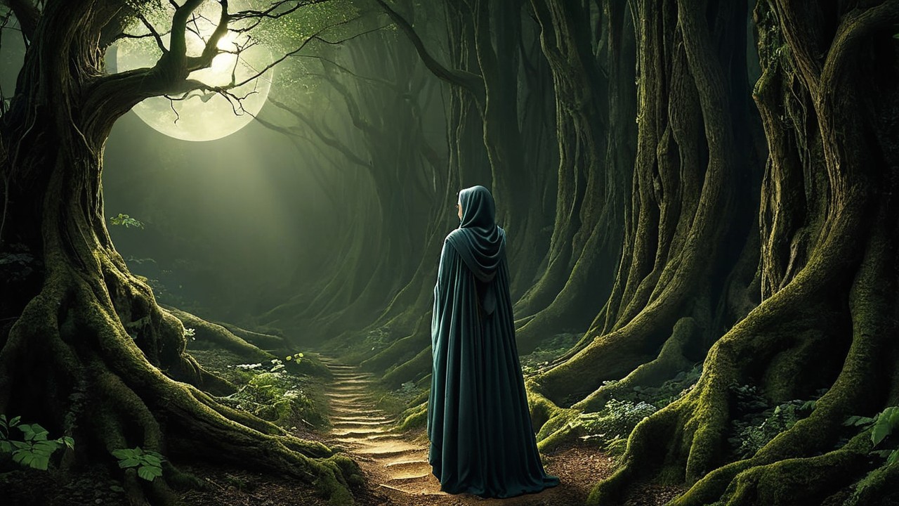 Cloaked Figure in a Mystical Moonlit Forest