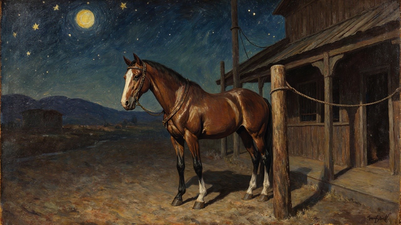 Majestic Brown Horse Under Starlit Sky and Rustic Setting