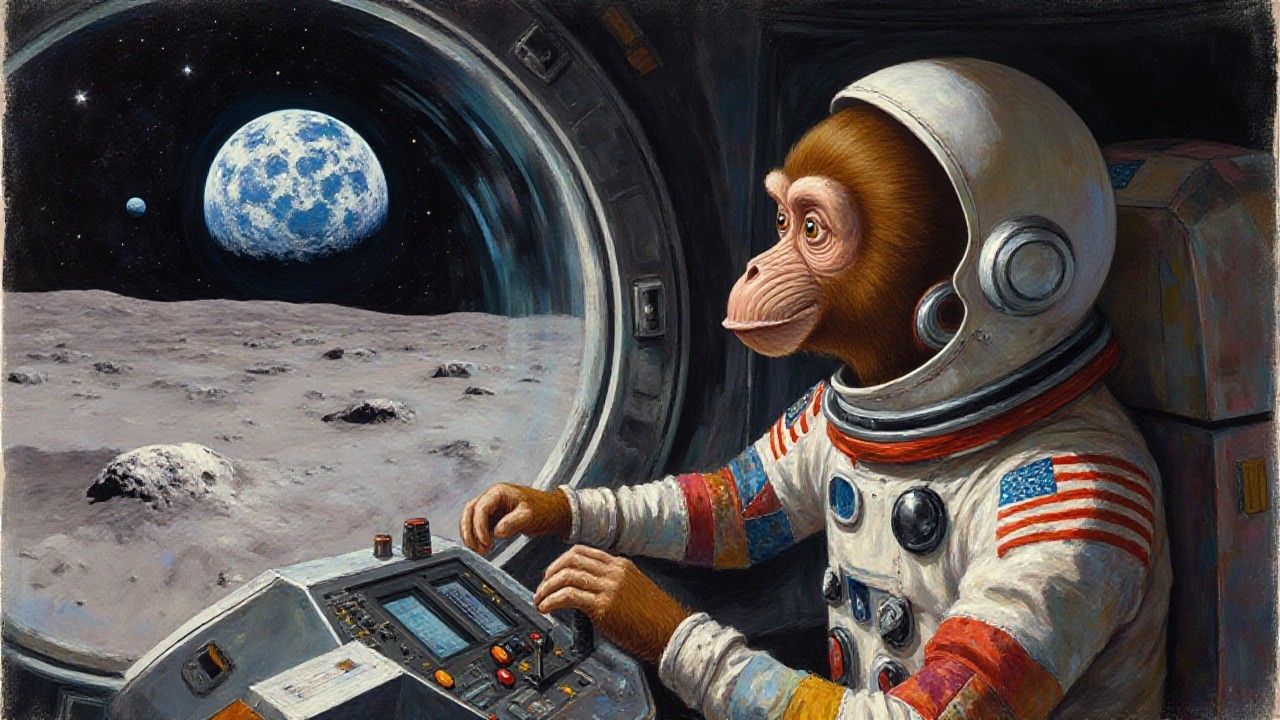 Monkey in Space Helmet Inside Lunar Module Control Room