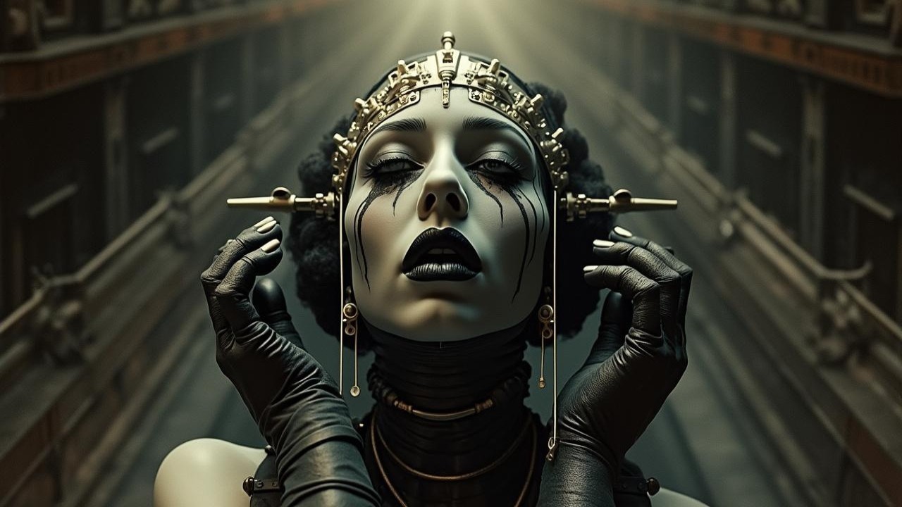 Striking figure with unique makeup and ornate crown