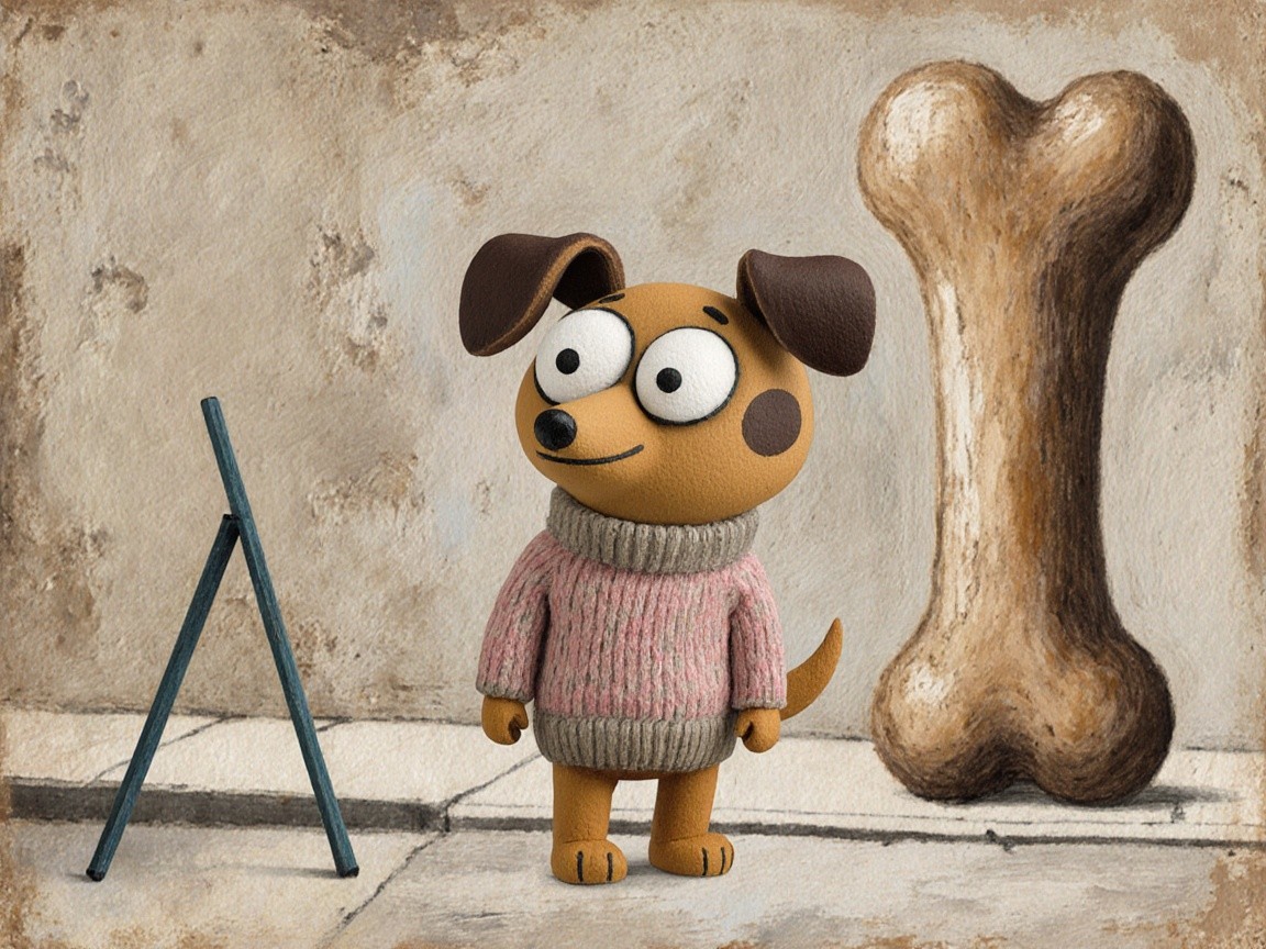Cartoonish Dog in Cozy Setting with Whimsical Bone
