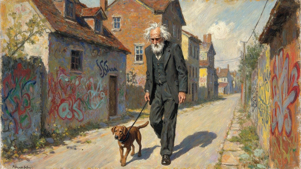 Elderly man with dog on a graffiti-lined street