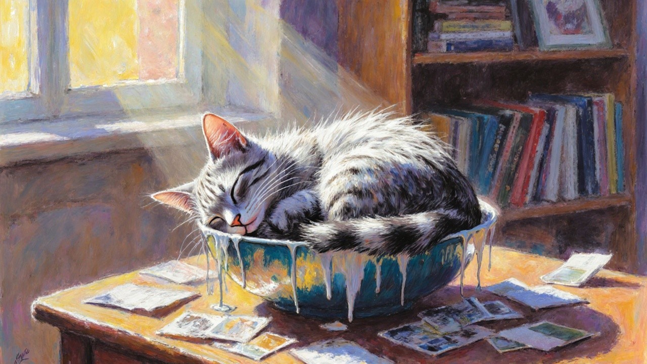 Fluffy Cat Sleeping in Sunlit Cozy Room