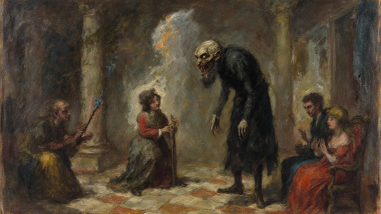 Eerie Scene with Skeletal Figure in Dimly Lit Room