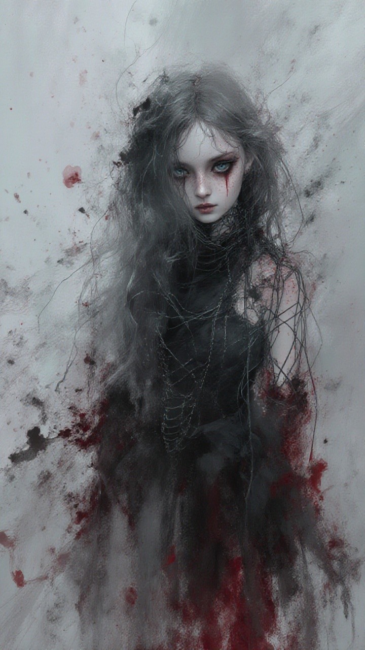 Haunting Figure in Dark Dress with Expressive Eyes