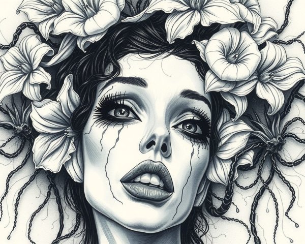 Black-and-white illustration of a woman with flowers