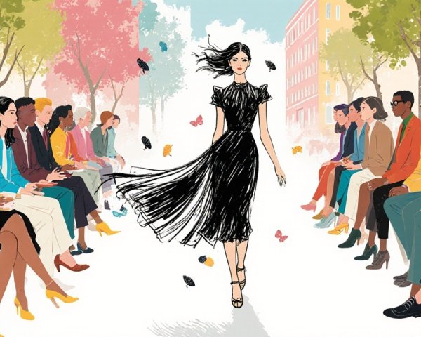 Fashion Model on Runway Surrounded by Colorful Decor