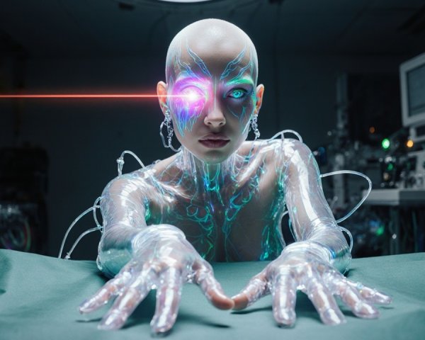 Futuristic humanoid robot with transparent skin and circuitry