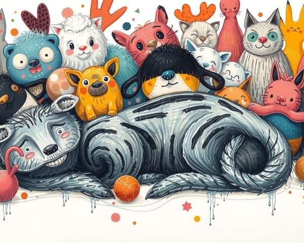 Whimsical Cartoon Animals in a Vibrant Gathering Scene