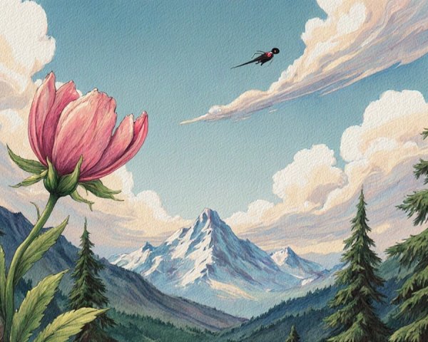 Landscape Painting with Pink Flower and Mountains