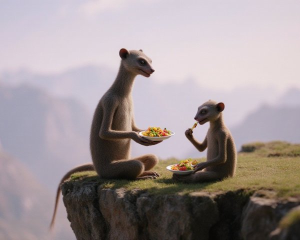 Meerkats Enjoying a Meal in a Mountain Landscape