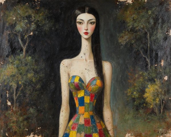 Tall Figure in Colorful Patchwork Dress with Blurred Background
