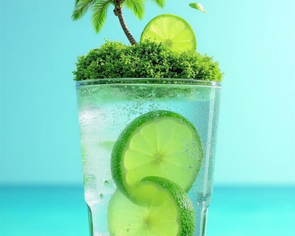 Whimsical Glass with Sparkling Water and Mini Island