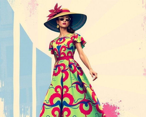 Fashionable woman in vibrant patterned dress and hat