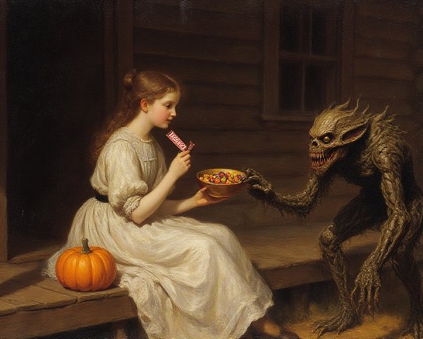 Young girl in white dress with ghoulish creature and pumpkin