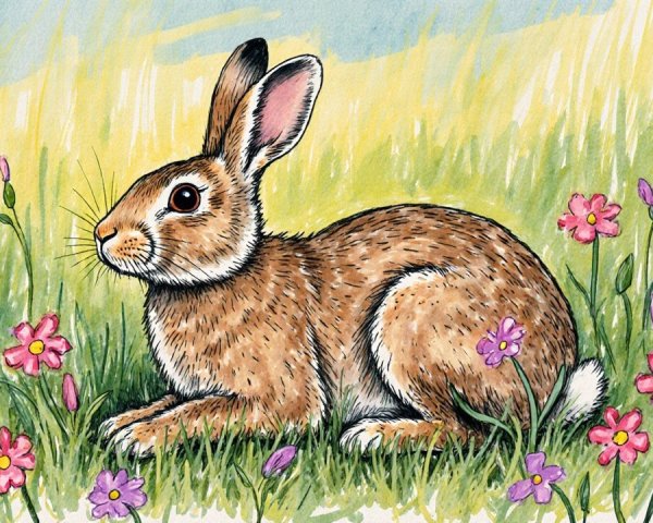 Illustration of a rabbit in a colorful meadow setting