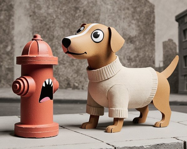 Cartoon Dog in Sweater Next to Quirky Hydrant