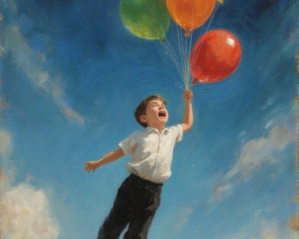 Child in white shirt soaring with colorful balloons