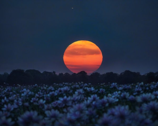 Vibrant Sunset Over Field of Blooming Flowers