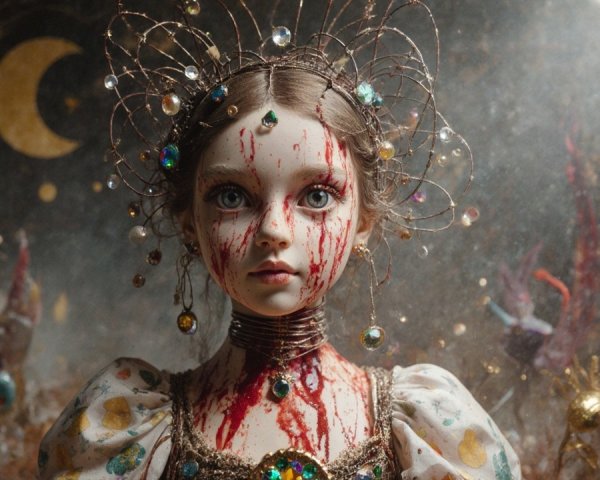Haunting Doll with Intricate Features and Dreamlike Setting