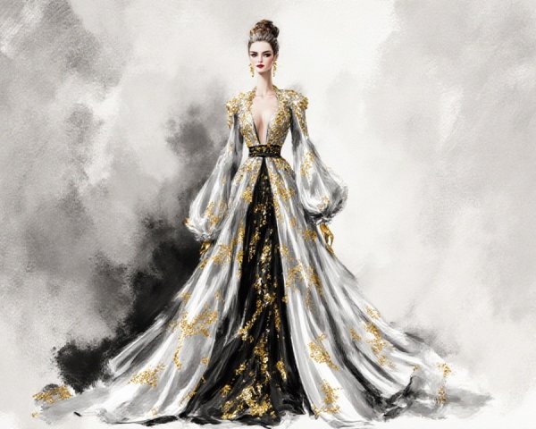 Elegant Black and Silver Gown Fashion Illustration
