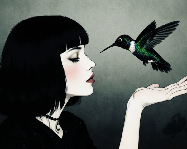 Woman with Black Hair and Hummingbird Interaction