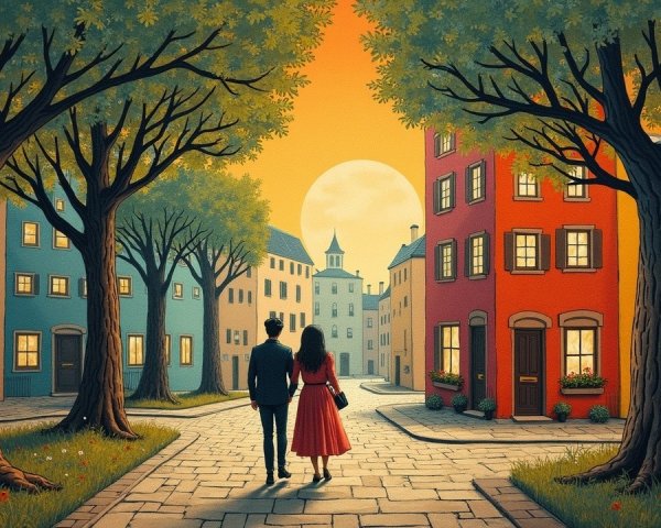 Couple Walking on Cobblestone Street at Sunset