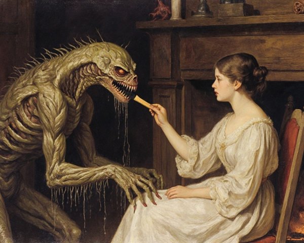 Young woman offers candy to a grotesque creature