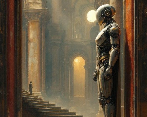 Ancient Hall with Towering Robot and Intricate Architecture