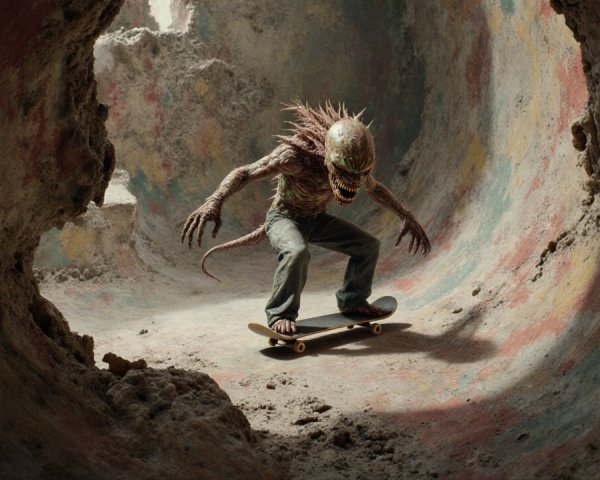 Lizard-like creature skating in a colorful bowl setting