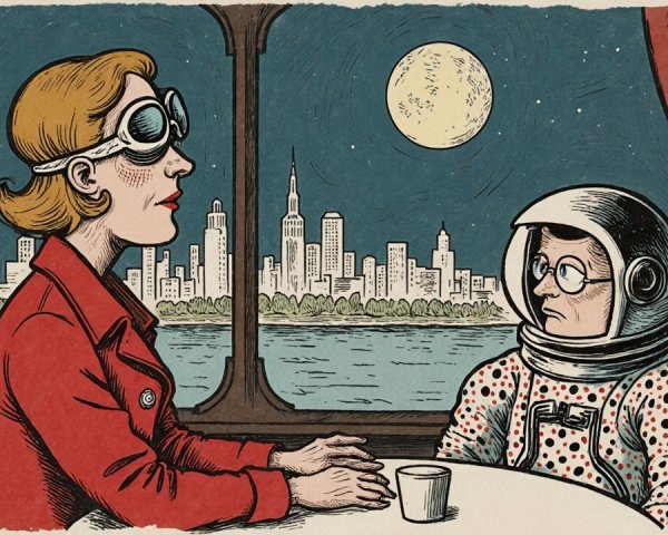Woman in Retro Goggles and Astronaut in Vintage Setting
